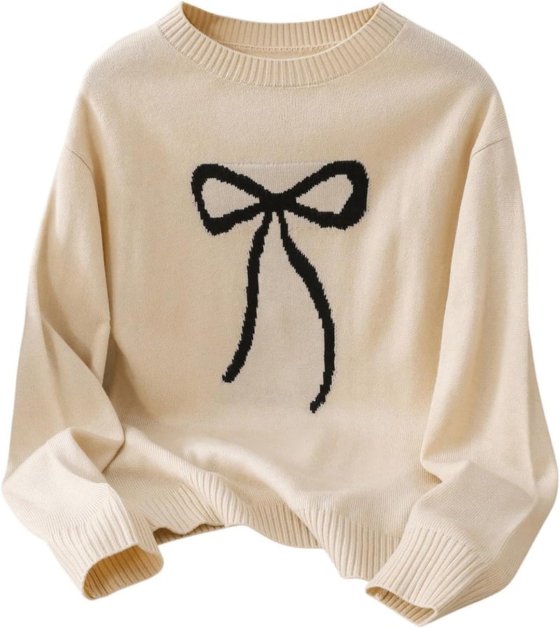 BEAUDRM Store Girl's Bow Sweater Crew Neck Cute Sweaters Long Sleeve Knit Pullovers Sweater - Image 1